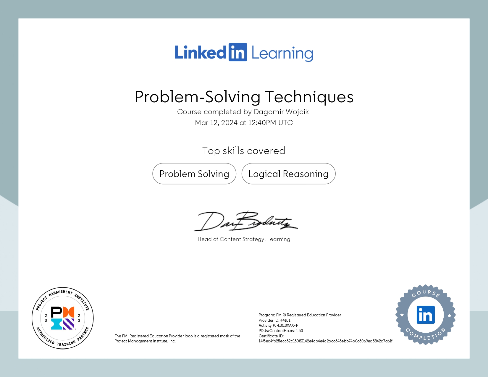 Problem Solving Techniques completion certificate.